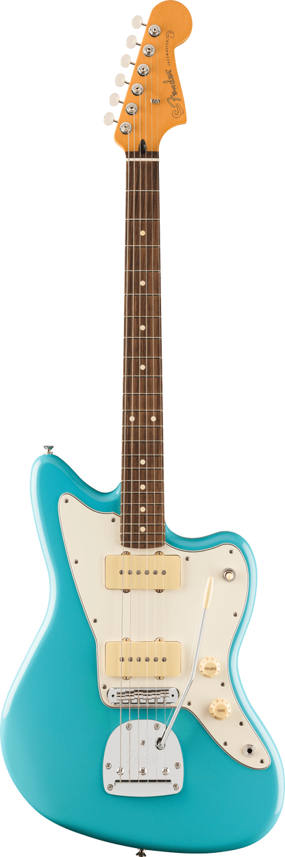 Full frontal of Fender Player II Jazzmaster Rosewood Fingerboard Aquatone Blue.