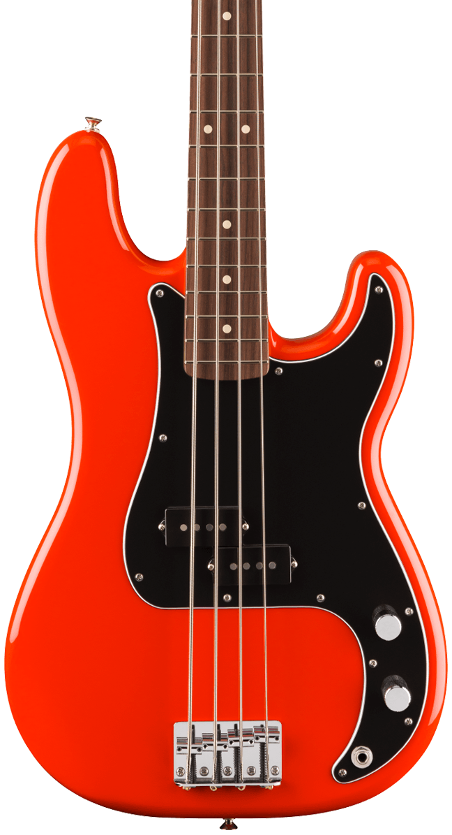 Front of Fender Player II Precision Bass Rosewood Fingerboard Coral Red.