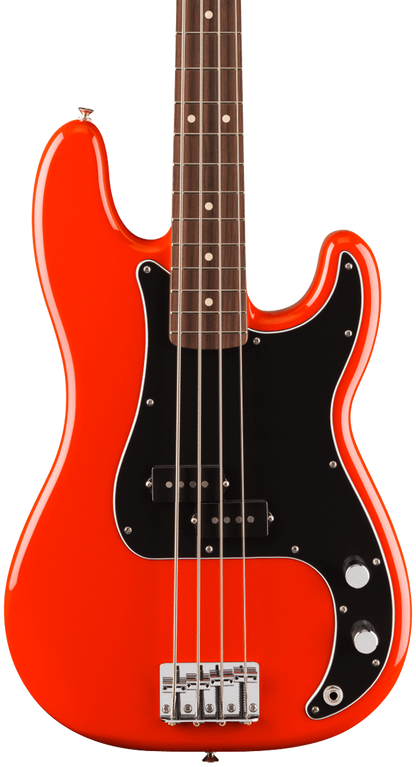 Front of Fender Player II Precision Bass Rosewood Fingerboard Coral Red.