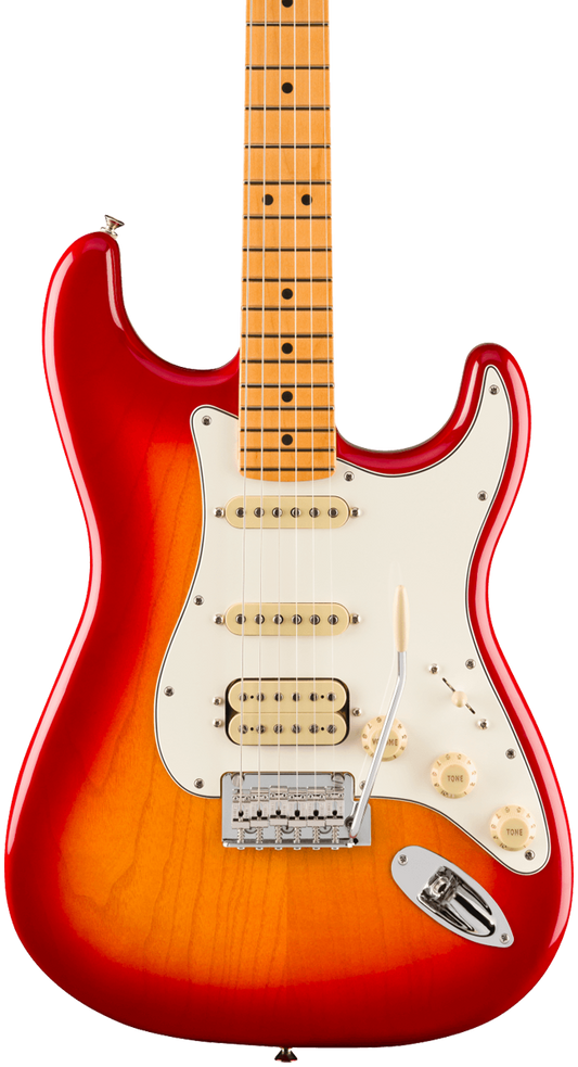 Front of Fender Player II Stratocaster HSS Maple Fingerboard Aged Cherry Burst.