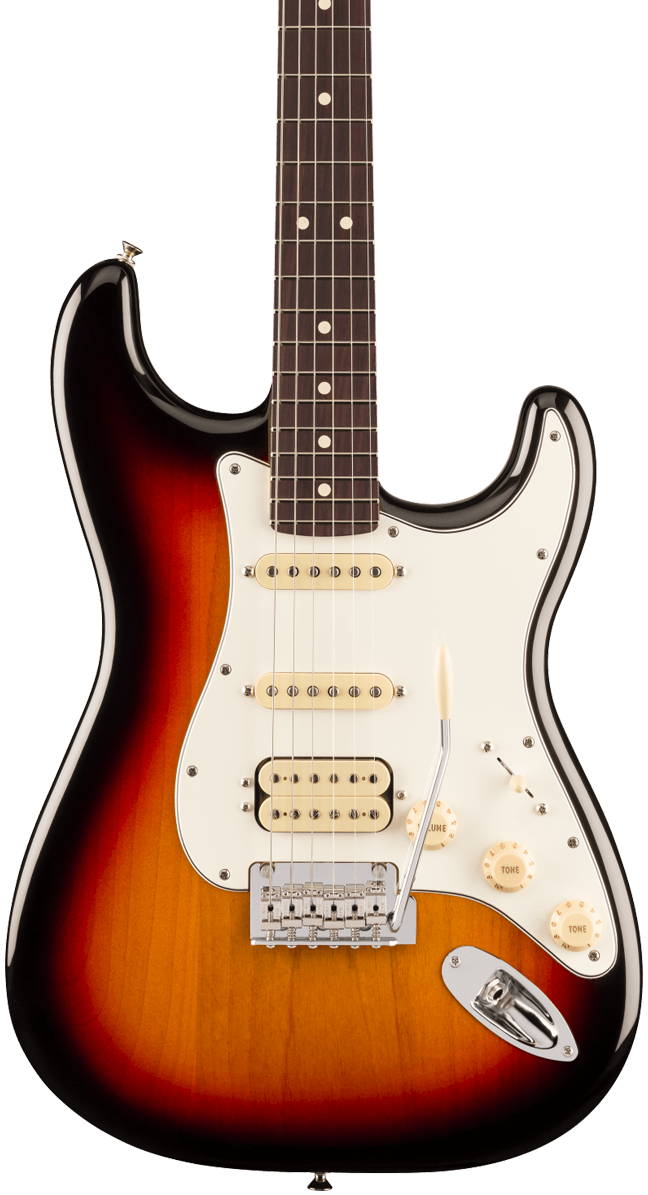 Front of Fender Player II Stratocaster HSS Rosewood Fingerboard 3-Color Sunburst.