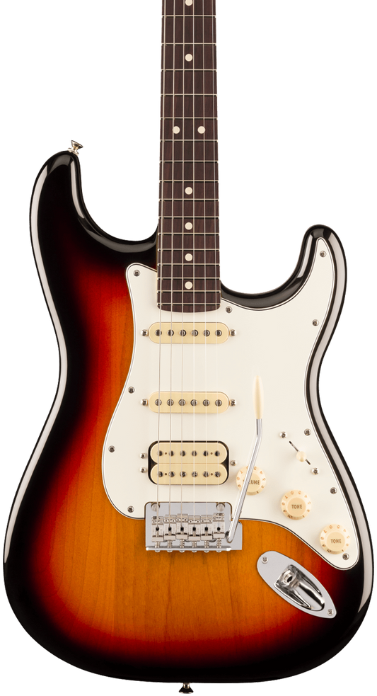 Front of Fender Player II Stratocaster HSS Rosewood Fingerboard 3-Color Sunburst.