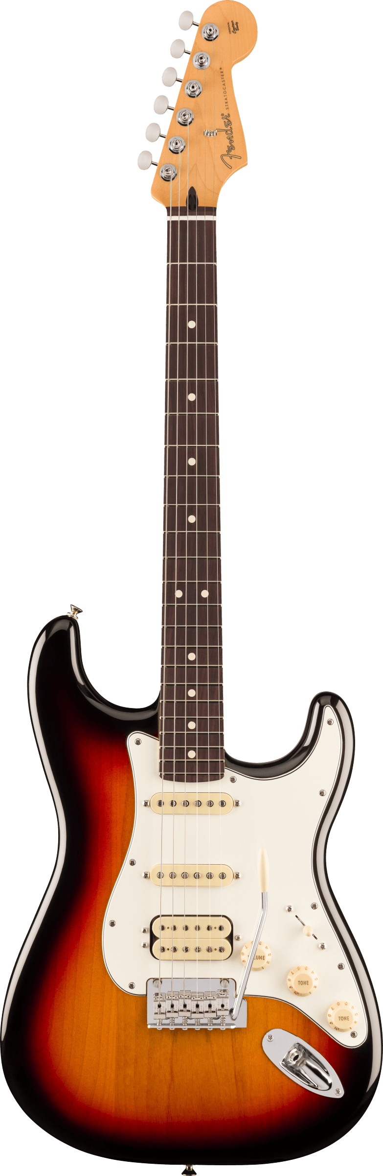 Full frontal of Fender Player II Stratocaster HSS Rosewood Fingerboard 3-Color Sunburst.