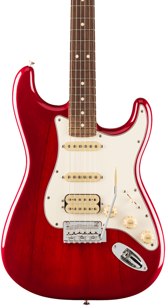 Front of Fender Player II Stratocaster HSS Rosewood Fingerboard Transparent Cherry Burst.