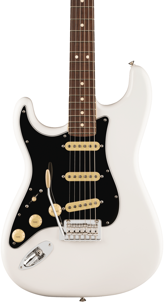 Front of Fender Player II Stratocaster Left-Hand Rosewood Fingerboard Polar White.