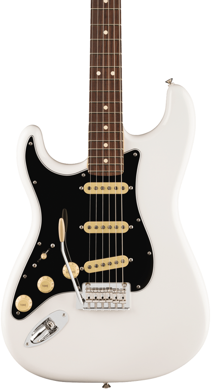 Front of Fender Player II Stratocaster Left-Hand Rosewood Fingerboard Polar White.