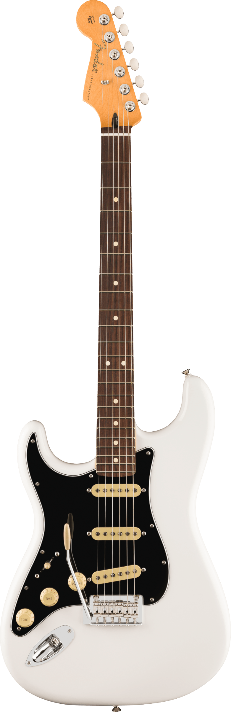 Full frontal of Fender Player II Stratocaster Left-Hand Rosewood Fingerboard Polar White.