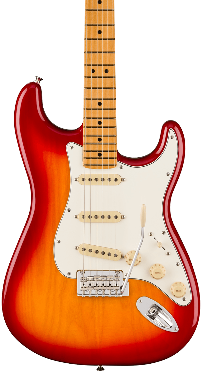 Front of Fender Player II Stratocaster Maple Fingerboard Aged Cherry Burst.