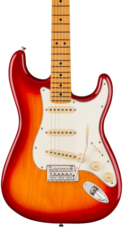 Front of Fender Player II Stratocaster Maple Fingerboard Aged Cherry Burst.