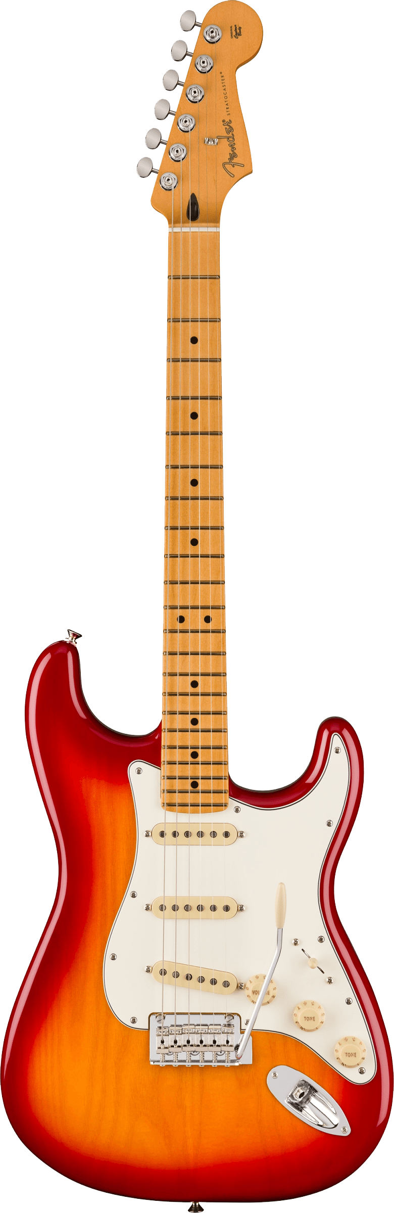 Full frontal of Fender Player II Stratocaster Maple Fingerboard Aged Cherry Burst.