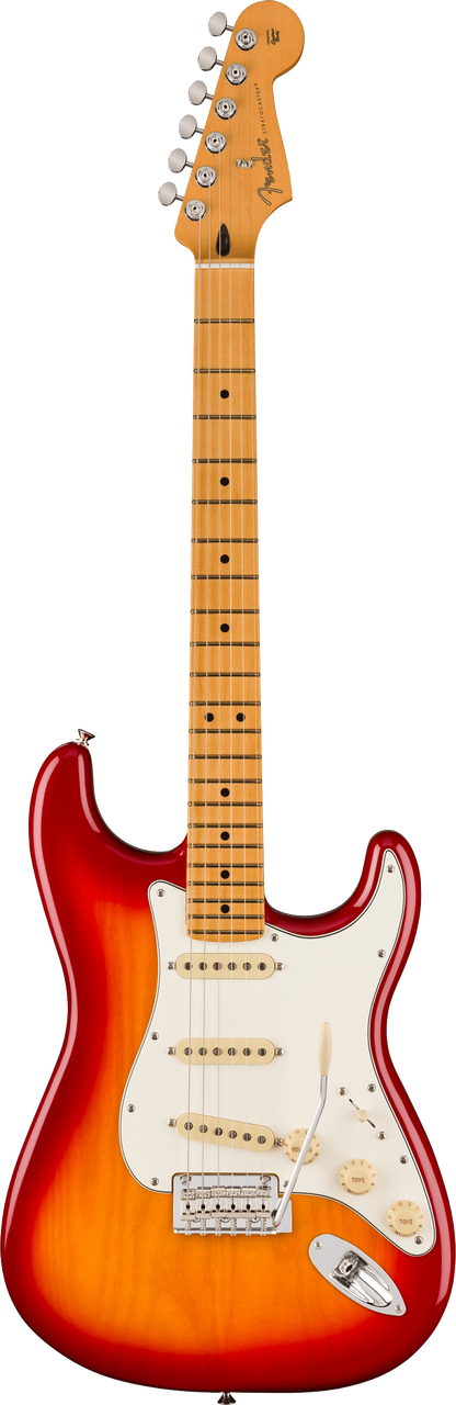 Full frontal of Fender Player II Stratocaster Maple Fingerboard Aged Cherry Burst.