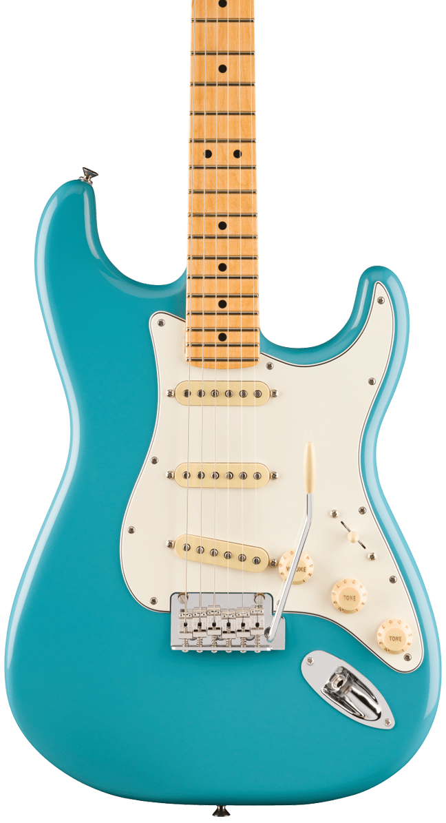 Front of Fender Player II Stratocaster Maple Fingerboard Aquatone Blue.