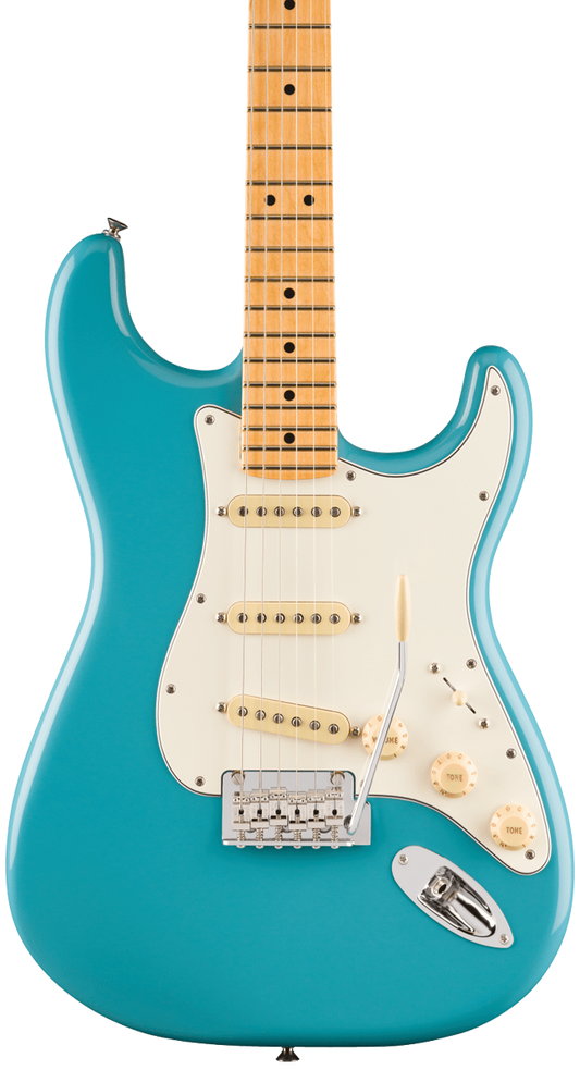 Front of Fender Player II Stratocaster Maple Fingerboard Aquatone Blue.