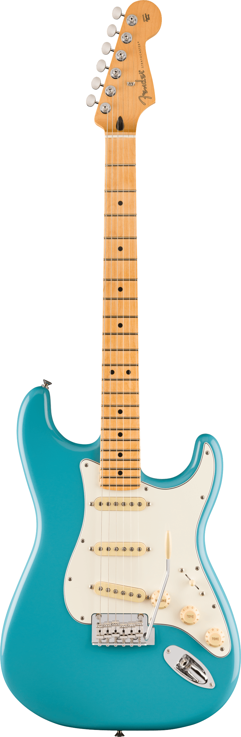 Full frontal of Fender Player II Stratocaster Maple Fingerboard Aquatone Blue.