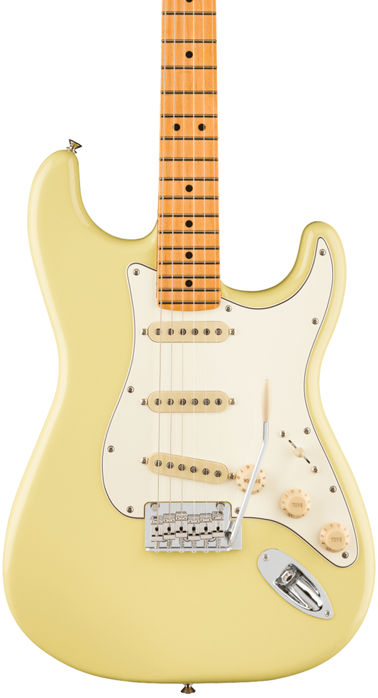 Front of Fender Player II Stratocaster Maple Fingerboard Hialeah Yellow.