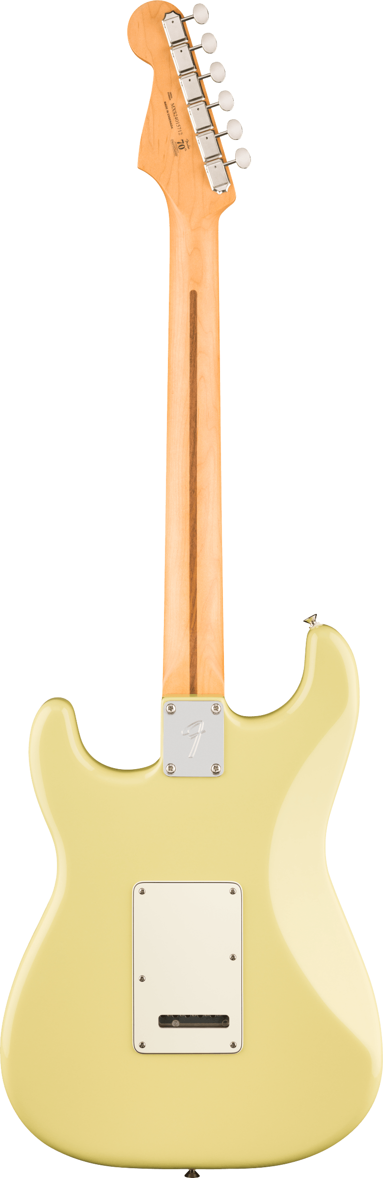 Back of Fender Player II Stratocaster Maple Fingerboard Hialeah Yellow.