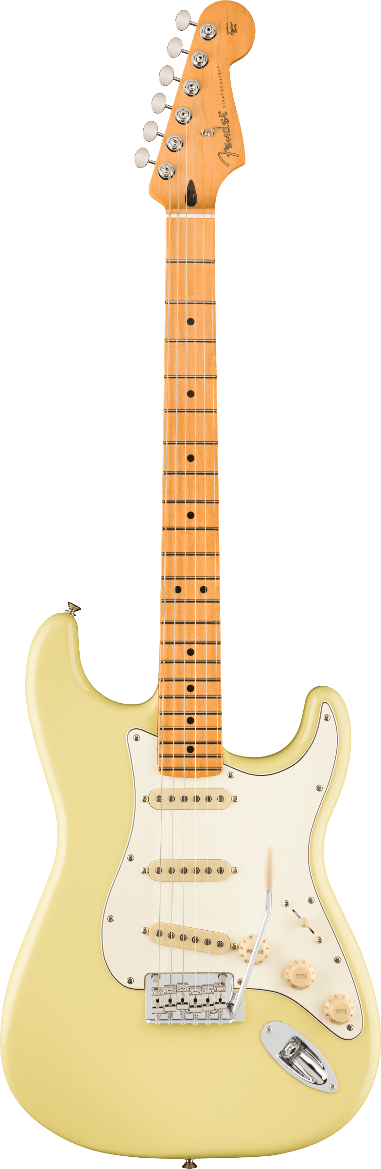 Full frontal of Fender Player II Stratocaster Maple Fingerboard Hialeah Yellow.