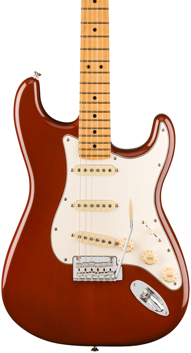 Front of Fender Player II Stratocaster Maple Fingerboard Transparent Mocha Burst.