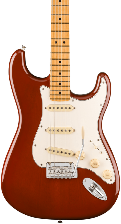 Front of Fender Player II Stratocaster Maple Fingerboard Transparent Mocha Burst.