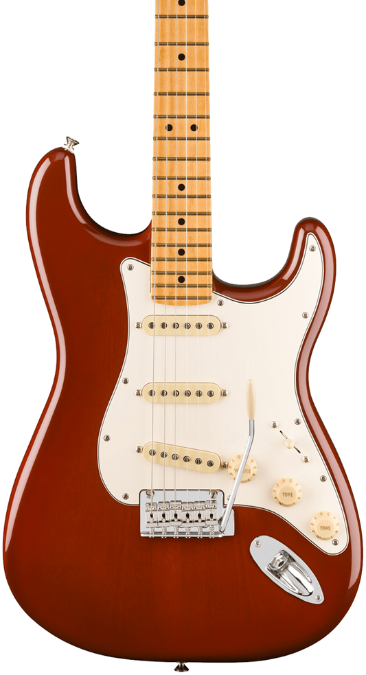 Front of Fender Player II Stratocaster Maple Fingerboard Transparent Mocha Burst.