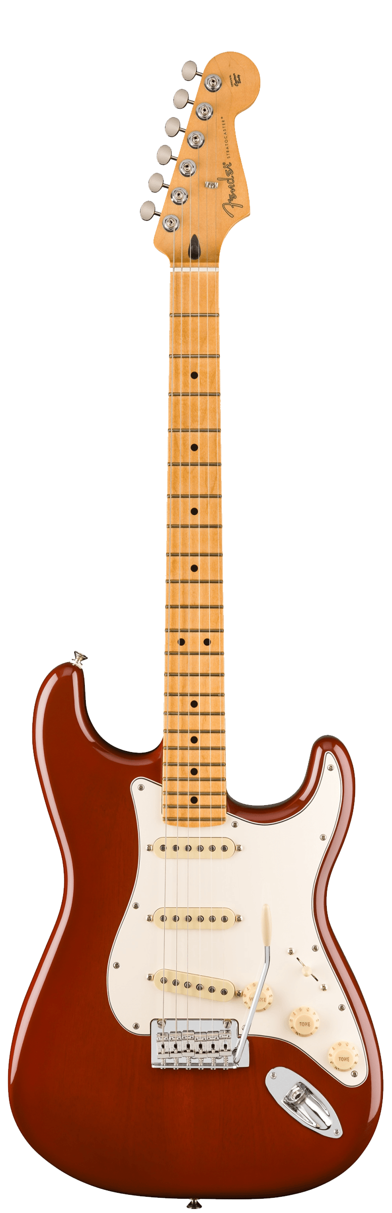 Full frontal of Fender Player II Stratocaster Maple Fingerboard Transparent Mocha Burst.