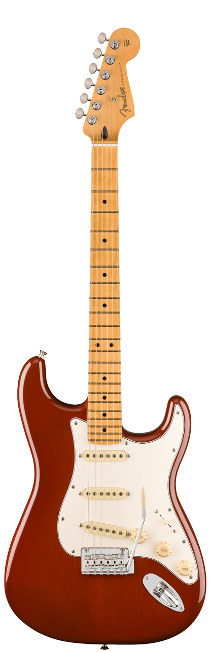 Full frontal of Fender Player II Stratocaster Maple Fingerboard Transparent Mocha Burst.