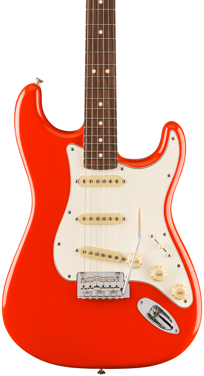 Front of Fender Player II Stratocaster Rosewood Fingerboard Coral Red.