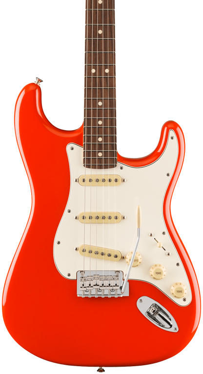 Front of Fender Player II Stratocaster Rosewood Fingerboard Coral Red.