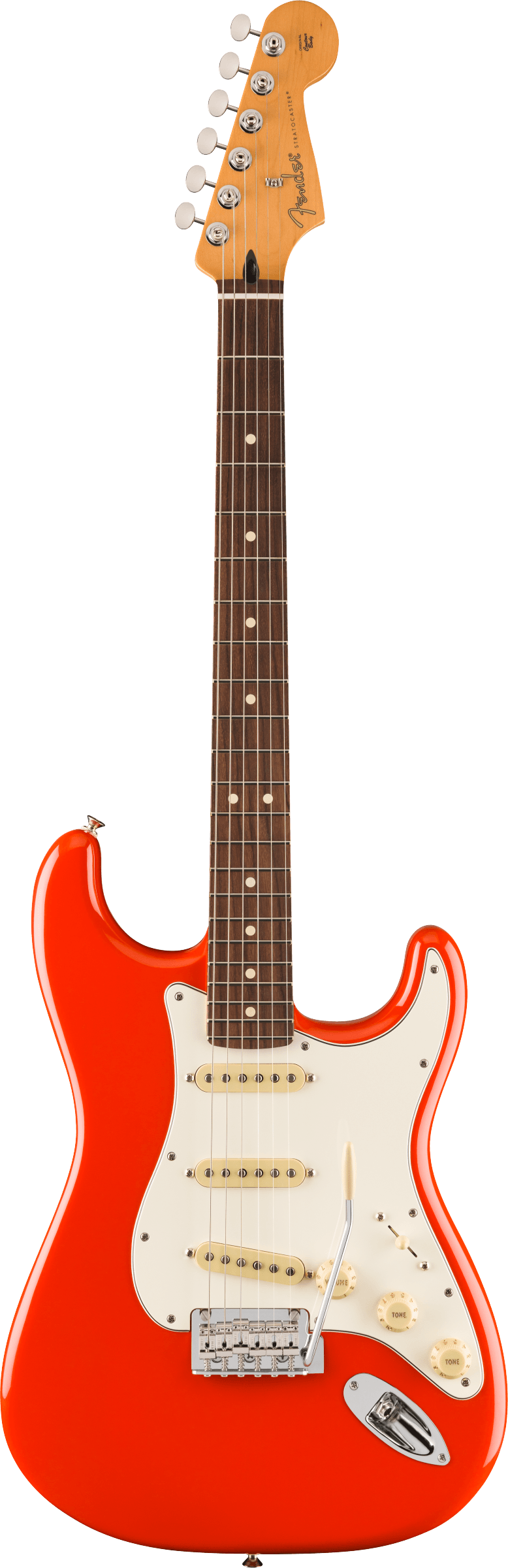 Full frontal of Fender Player II Stratocaster Rosewood Fingerboard Coral Red.