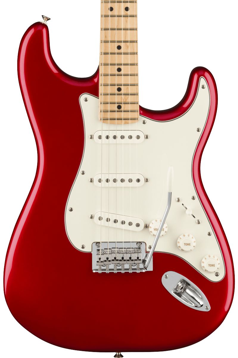 Front of Fender Player Stratocaster MP Candy Apple Red.