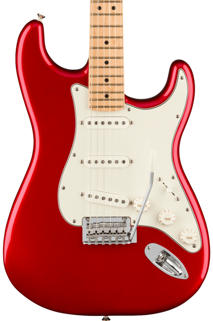 Front of Fender Player Stratocaster MP Candy Apple Red.