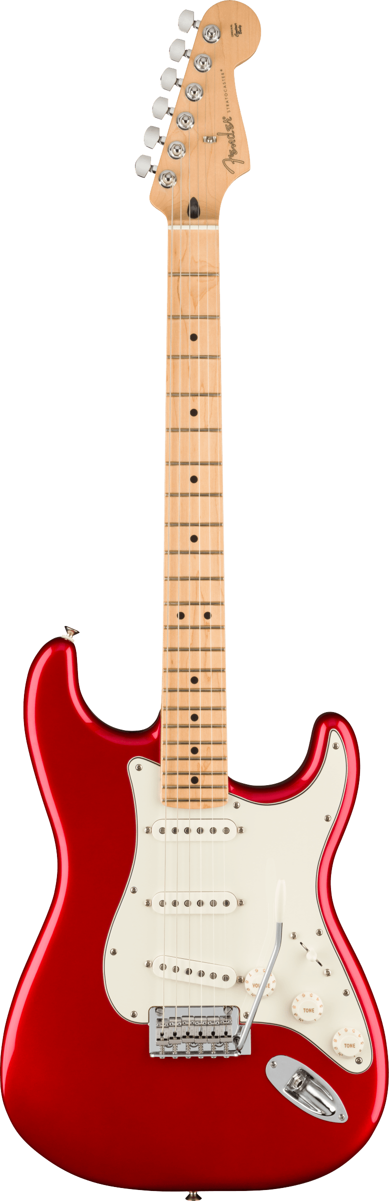 Full frontal of Fender Player Stratocaster MP Candy Apple Red.