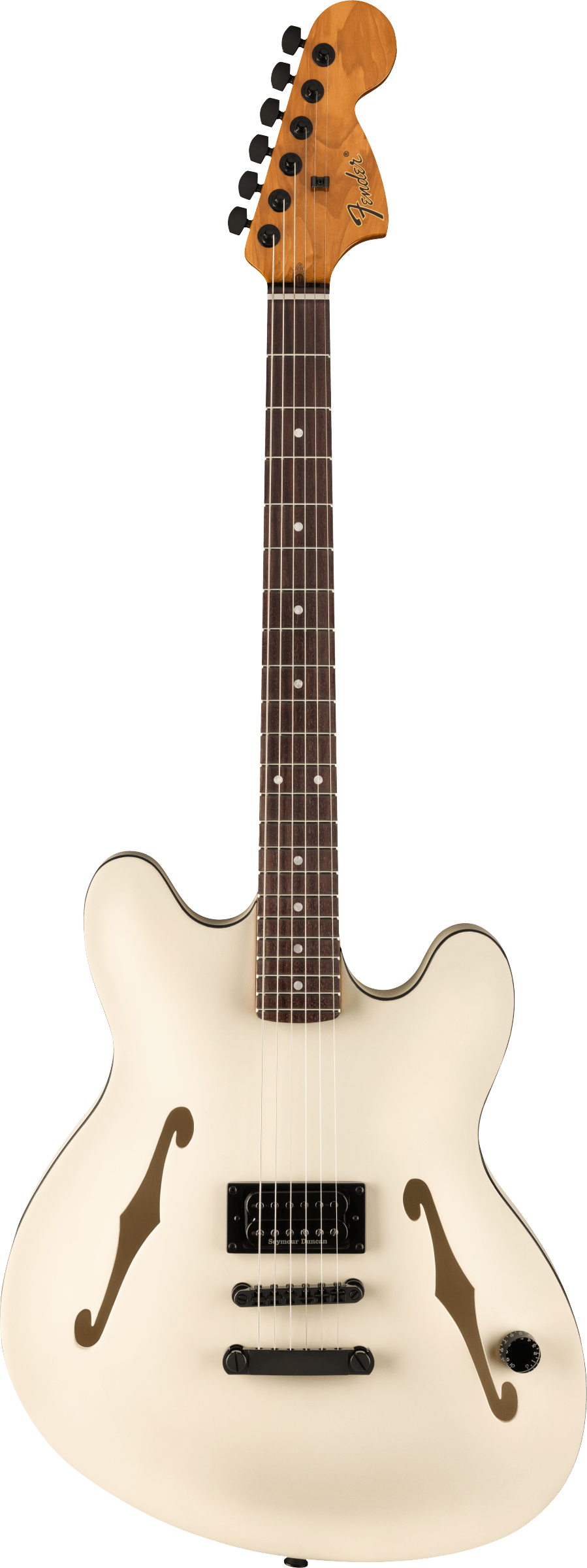 Full frontal of Fender Tom DeLonge Starcaster Rosewood Fingerboard Black Hardware Satin Olympic White.