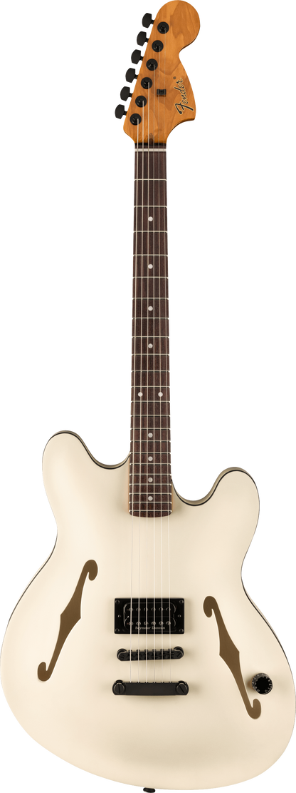 Full frontal of Fender Tom DeLonge Starcaster Rosewood Fingerboard Black Hardware Satin Olympic White.