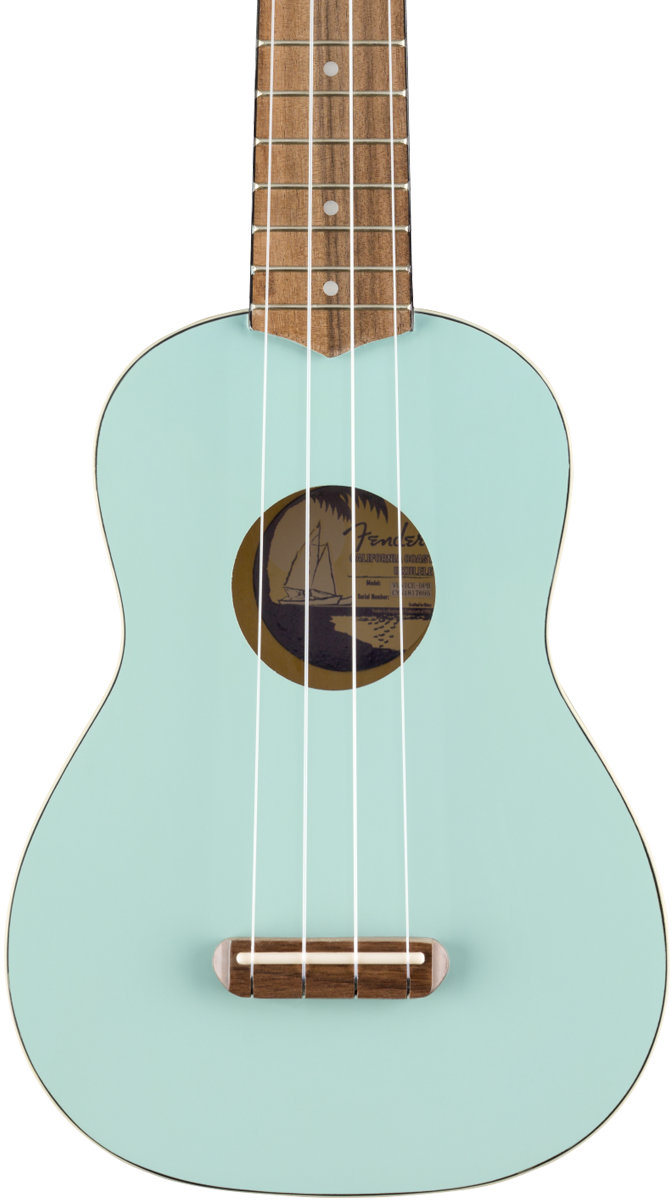 Front of Fender Venice Soprano Uke Walnut Fingerboard Daphne Blue.