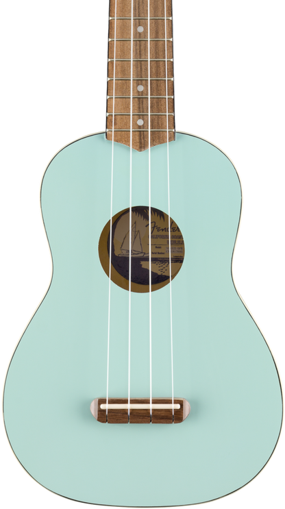 Front of Fender Venice Soprano Uke Walnut Fingerboard Daphne Blue.