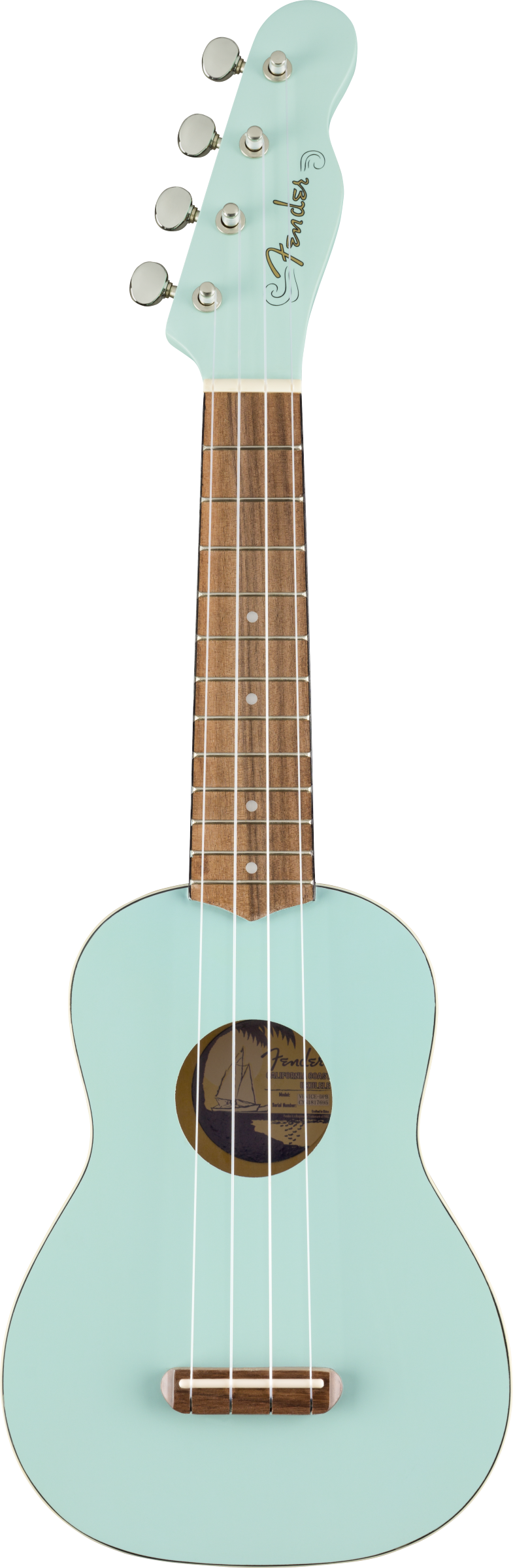 Full frontal of Fender Venice Soprano Uke Walnut Fingerboard Daphne Blue.