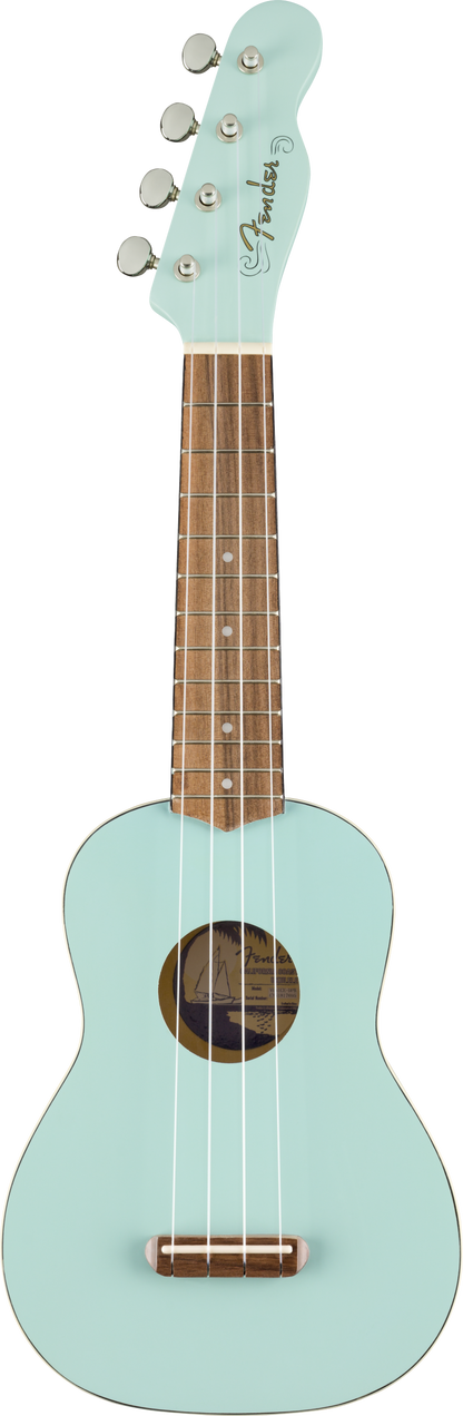 Full frontal of Fender Venice Soprano Uke Walnut Fingerboard Daphne Blue.