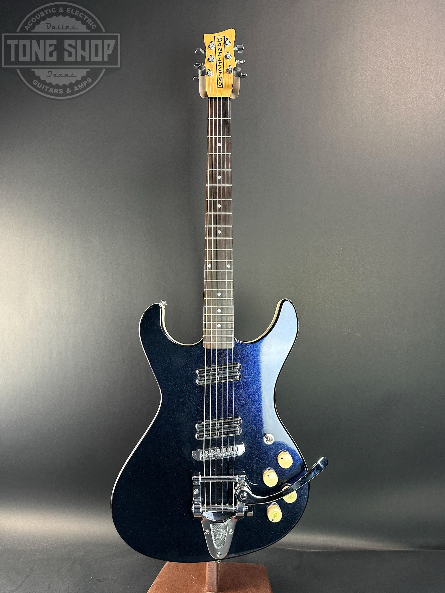 Full front of Used Danelectro Hodad Blue Sparkle.