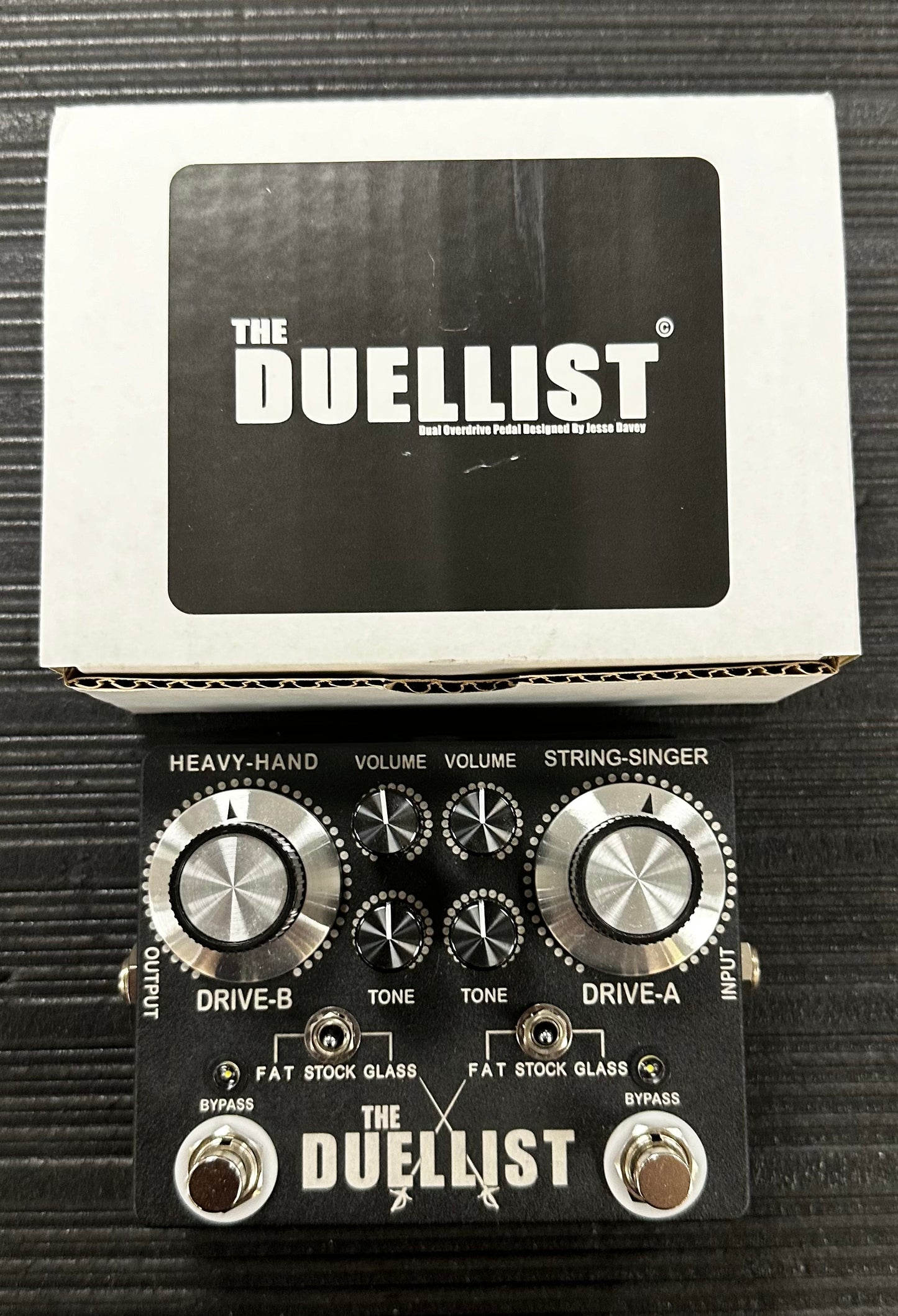 Top view with box of Used Kingtone The Duellist Dual Overdrive Pedal