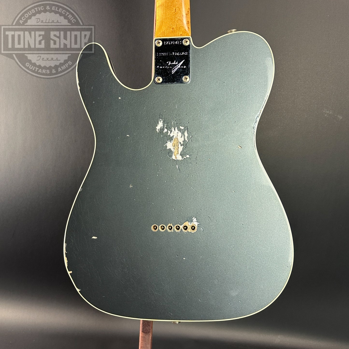 Back of Used Fender Custom Shop LTD HS Telecaster Custom Relic Aged Charcoal Frost Metallic.