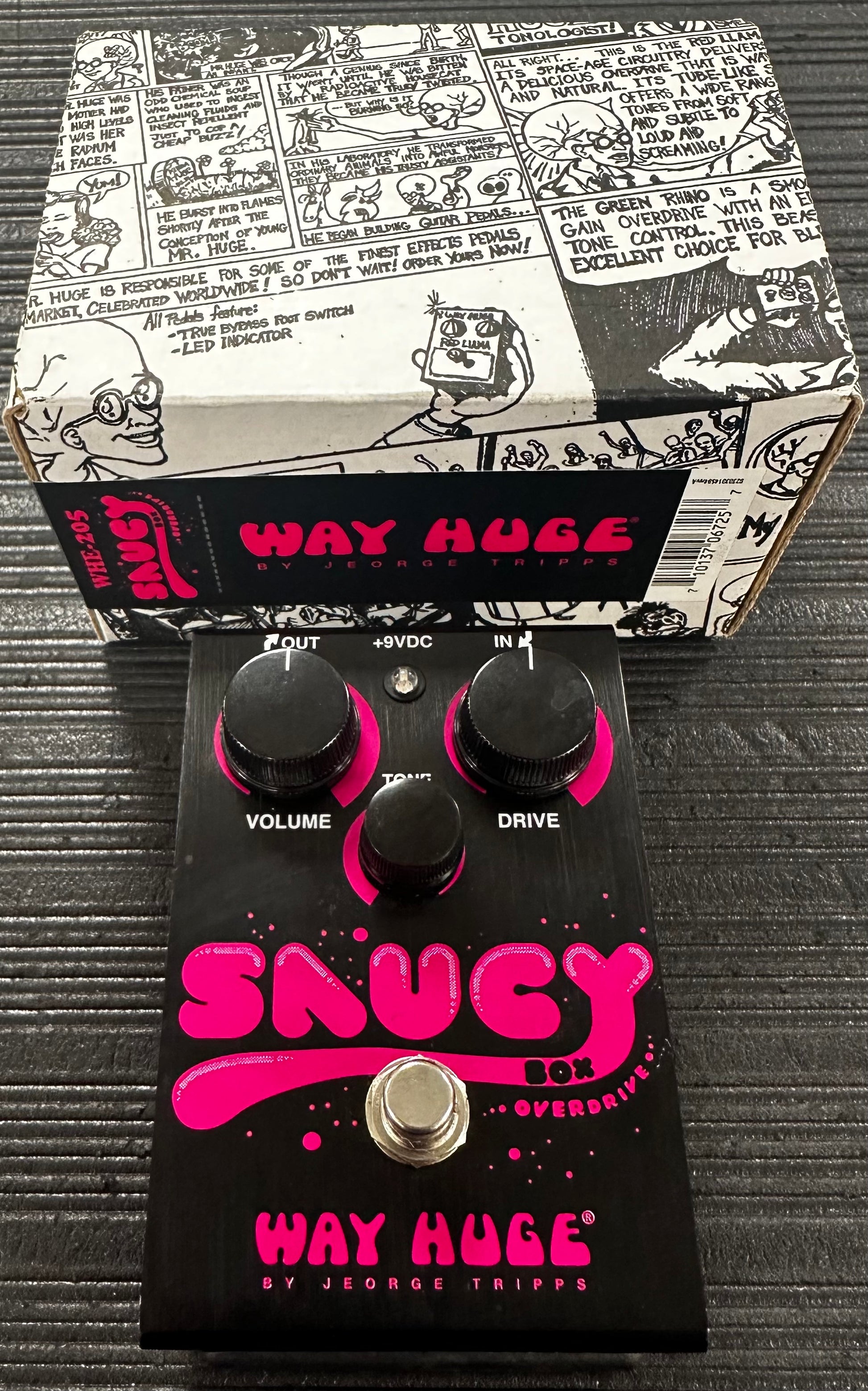 Top view with box of Used Way Huge Saucy Box Overdrive Pedal w/box 