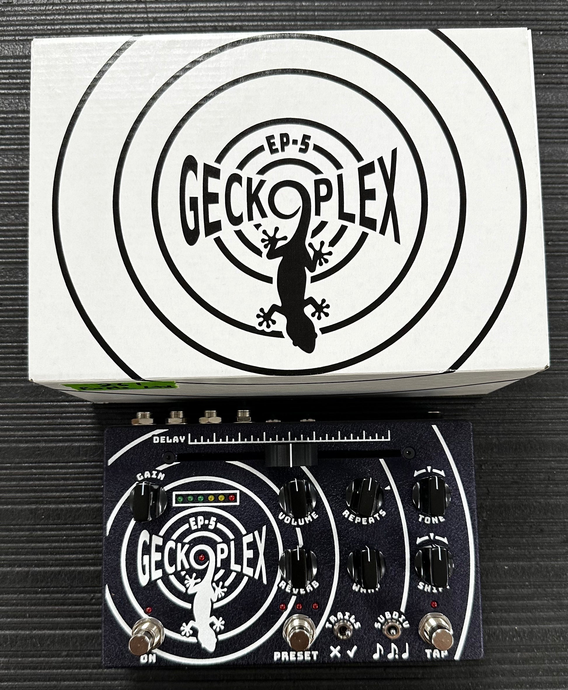 Top with box of Used Gecko Pedals GeckoPlex EP-5 Delay Pedal V2 Limited Edition Purple w/box TSS3484