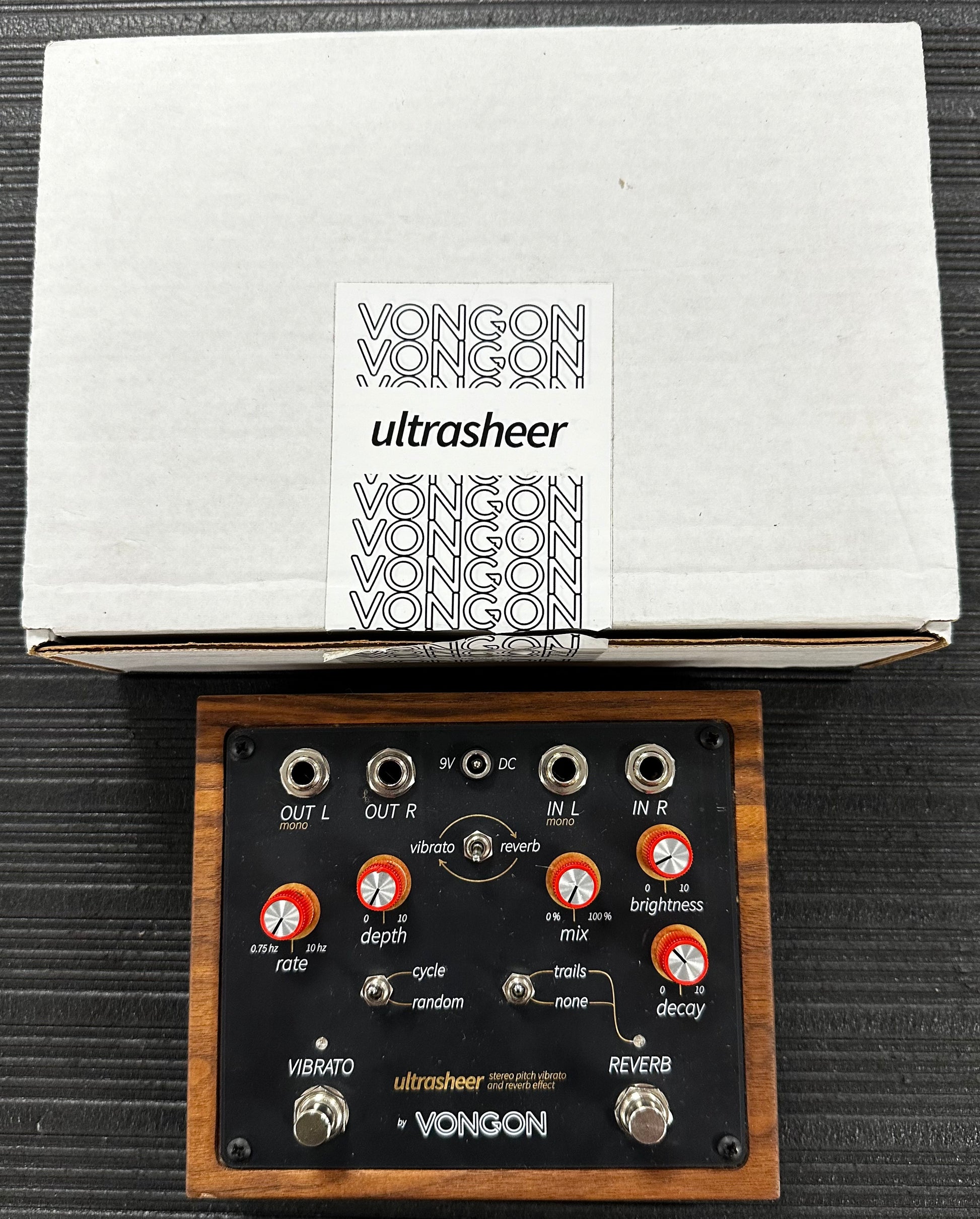 Top view with box of Used Vongon Ultrasheer Pitch Vibrato/Reverb Pedal w/box 