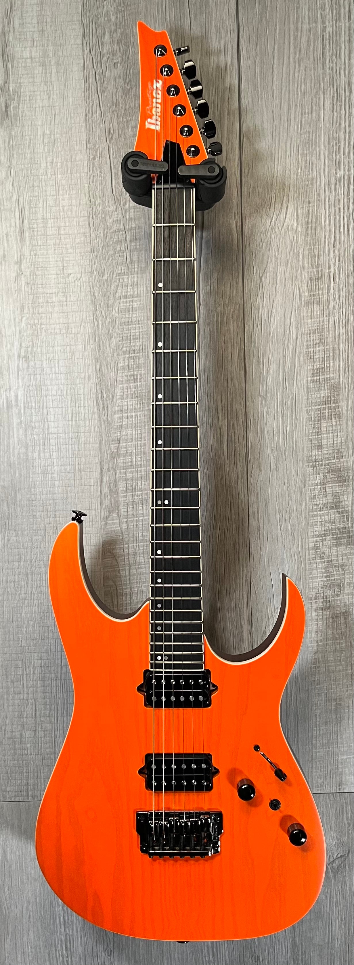 Full Front of Used Ibanez RGR5221 Prestige Transparent Fluorescent Orange w/case TSS3556