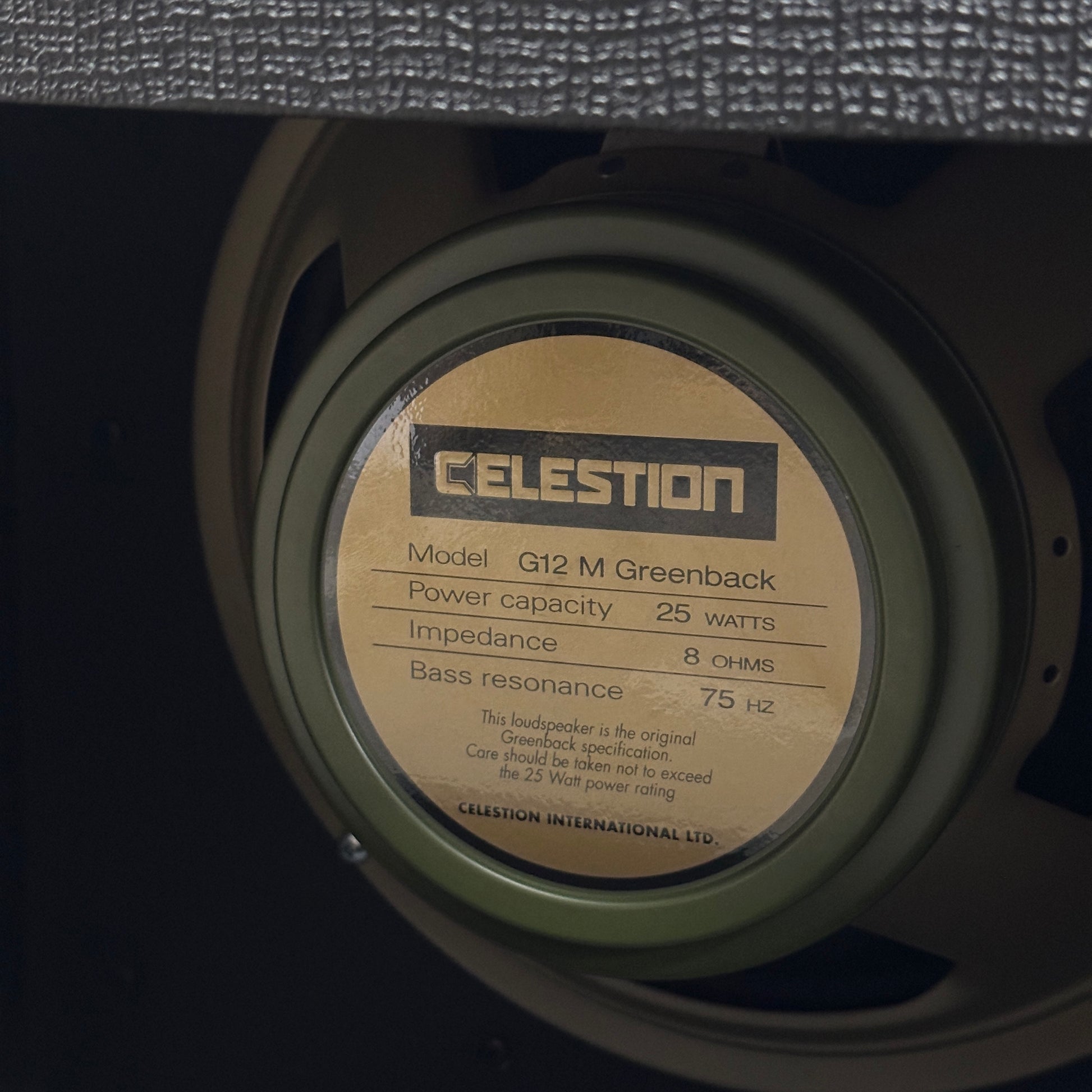 Speaker inside of Used Morgan 1x12 w/ Celestion Greenback.