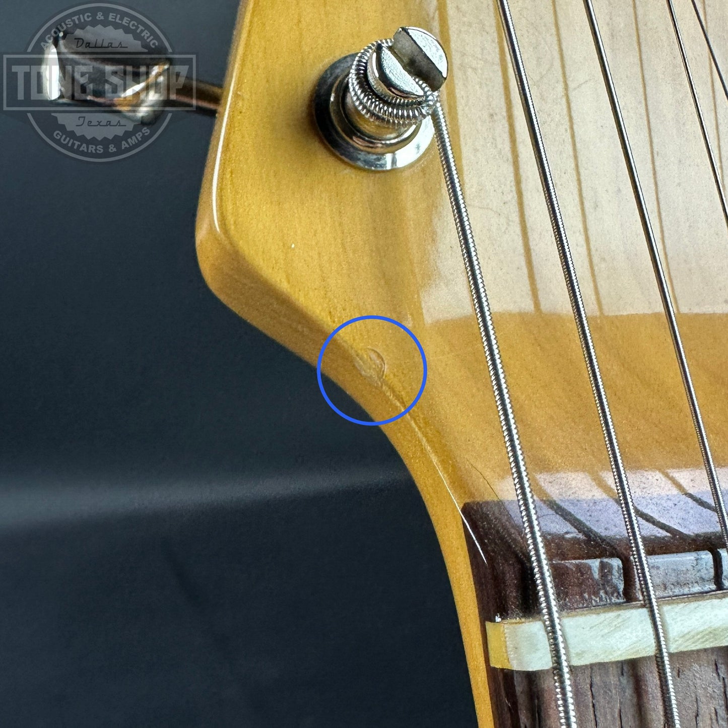 Dent on headstock of Used 2003 Fender MIJ Jag-Stang Fiesta Red.