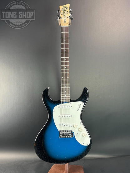 Full front of Used Danelectro Danoblaster Hearsay Blue Sparkle Burst.