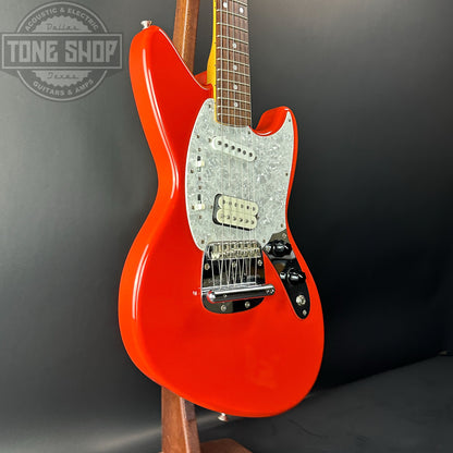 Front angle of Used 2003 Fender MIJ Jag-Stang Fiesta Red.