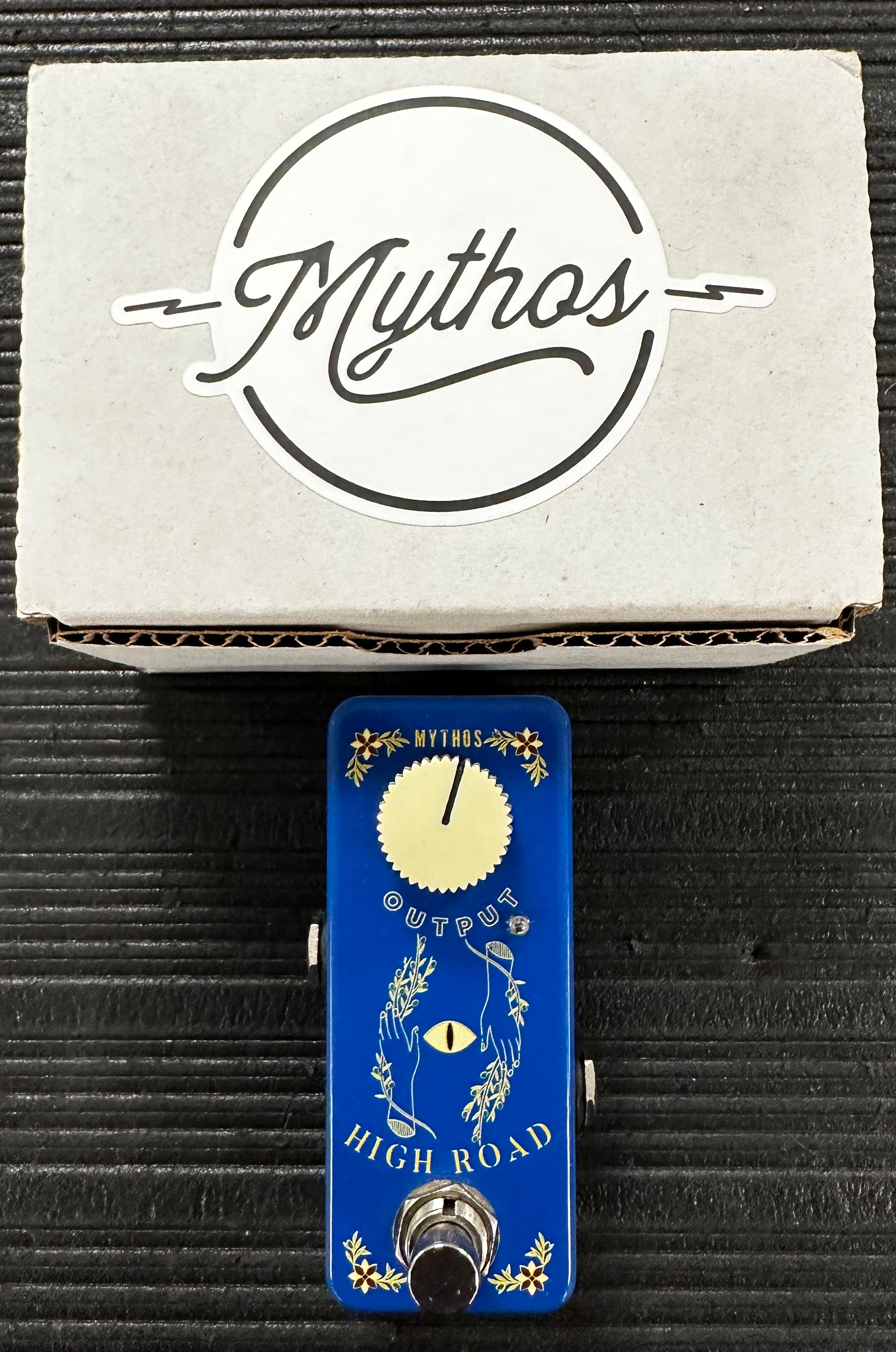 Top view with box of Used 2021 Mythos Pedals High Road Limited Edition Silicon Fuzz Pedal w/box